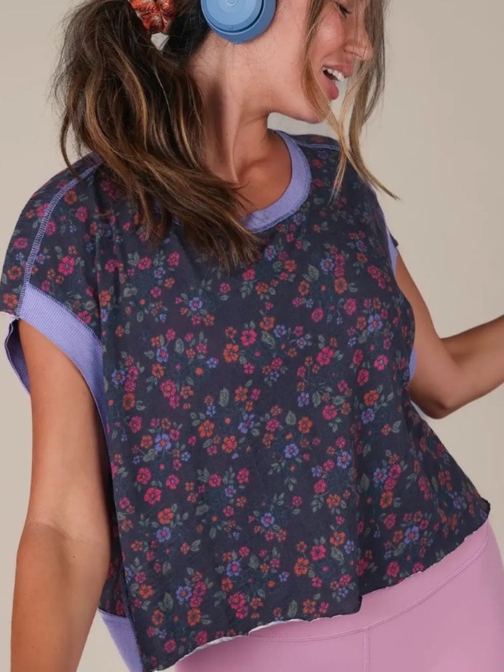 NATURAL LIFE Navy Floral Crop Top with Lavender Trim - Picture 1 of 5